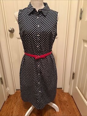 Tommy Hilfiger Navy and White Polka Dot Sleeveless Shirt Dress.